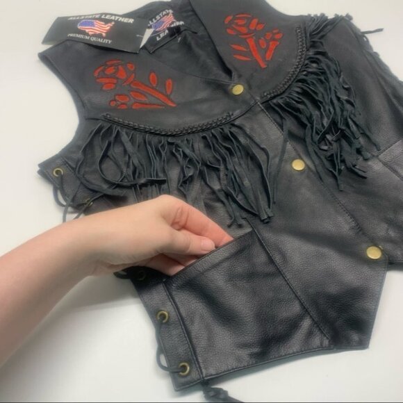 . NWT Leather Rose Motorcycle Jacket Fringe Black - Picture 4 of 14